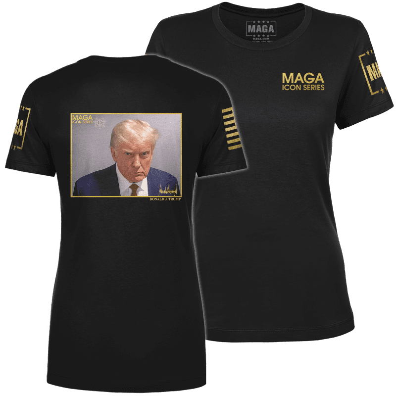 Icon Series Trump Mug Shotladies tees black back to back