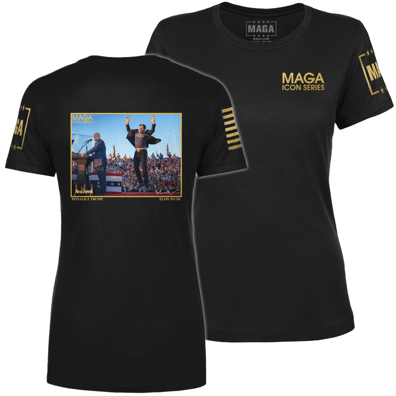 Icon Series Trump and Elon Muskladies tees black back to back