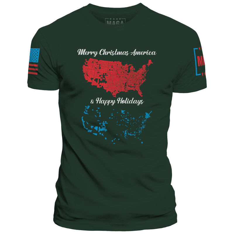 Merry Christmas America and Happy Holidaysmens tee forest green