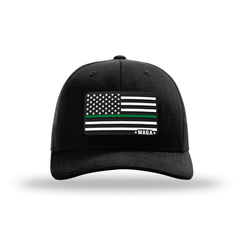 Adjustable Snapback Trucker Cap / Black Maga Thin Green Line Flag Hat maga trump