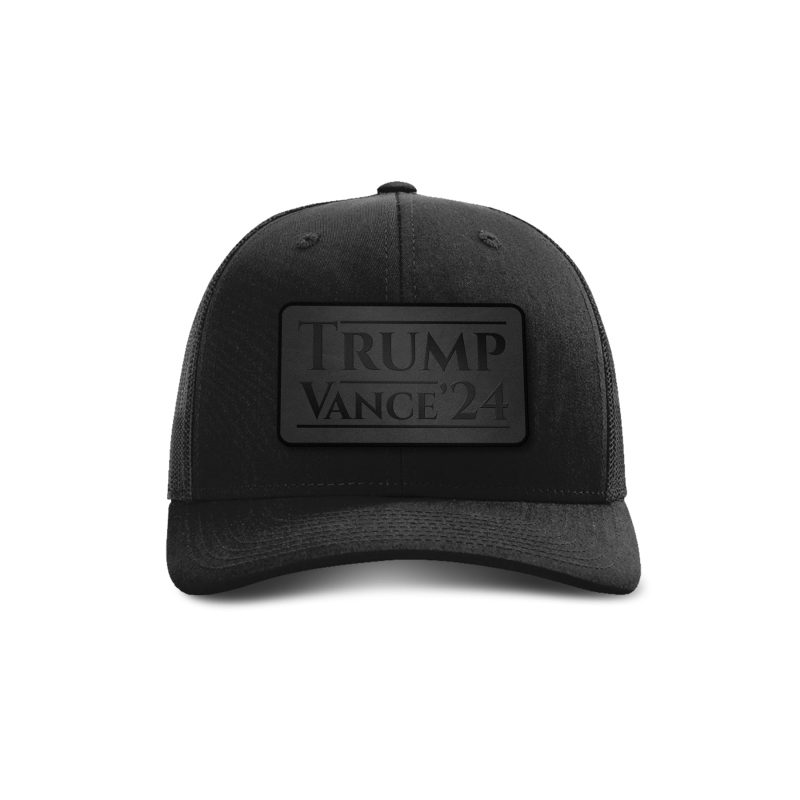 Adjustable Snapback Trucker Cap / Black Trump Vance '24 Blackout Leather Patch Trucker Hat maga trump