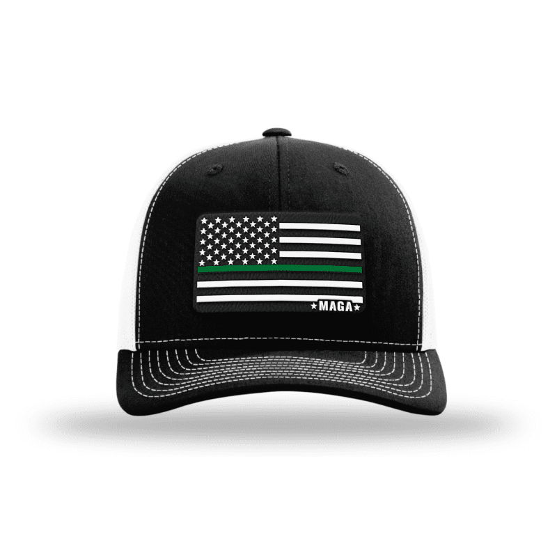 Adjustable Snapback Trucker Cap / Black/ White Maga Thin Green Line Flag Hat maga trump