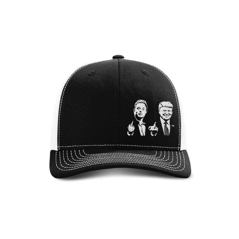 Adjustable Snapback Trucker Cap / Black/ White Trump And Elon Flipping The Bird Trucker Hat maga trump