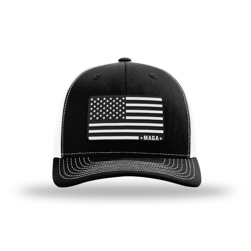 Adjustable Snapback Trucker Cap / Black/ White - White MAGA American Flag Trucker maga trump