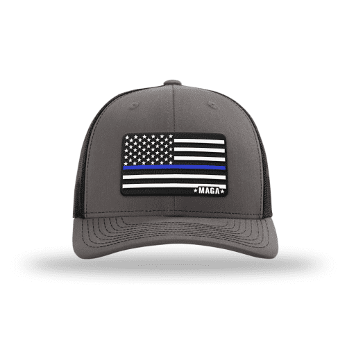 Adjustable Snapback Trucker Cap / Charcoal/ Black Maga Thin Blue Line Flag Hat maga trump