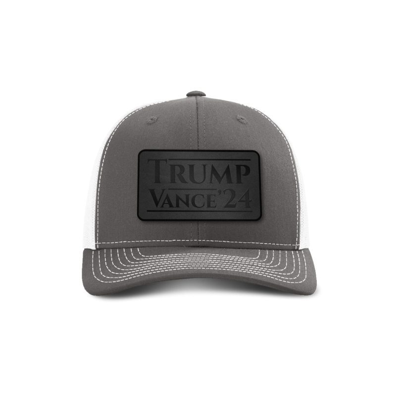 Adjustable Snapback Trucker Cap / Charcoal/ White Trump Vance '24 Blackout Leather Patch Trucker Hat maga trump