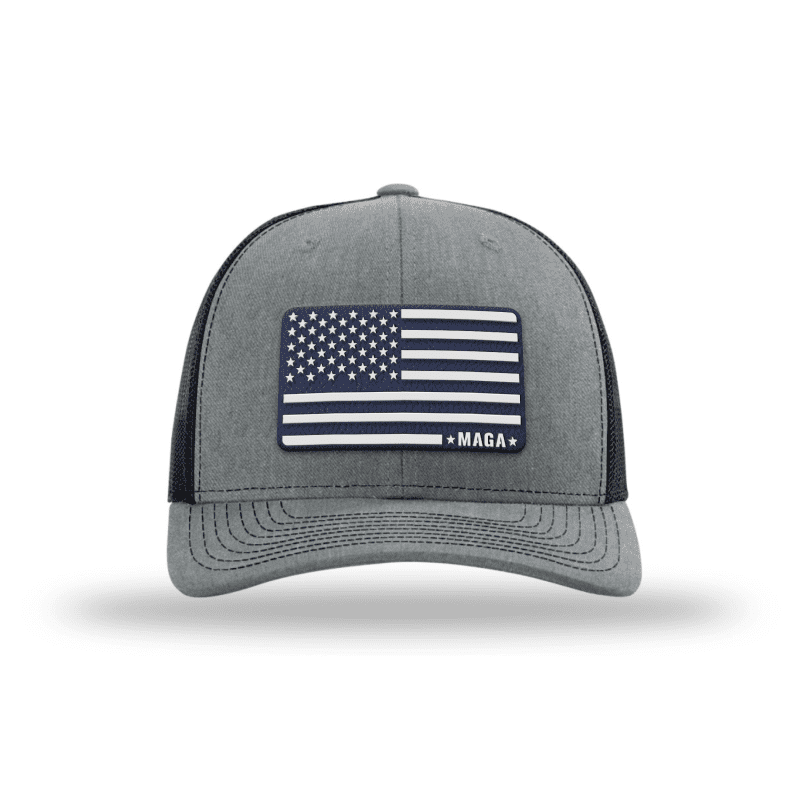 Adjustable Snapback Trucker Cap / Heather Grey/Black - Navy MAGA American Flag Trucker maga trump