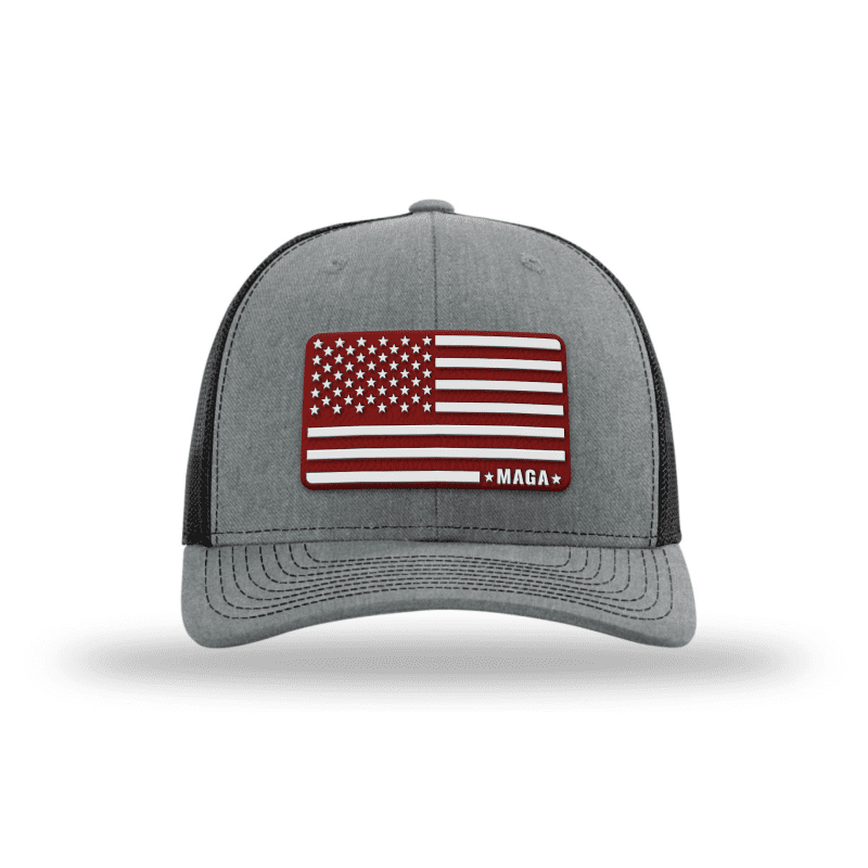 Adjustable Snapback Trucker Cap / Heather Grey/Black - Red MAGA American Flag Trucker maga trump