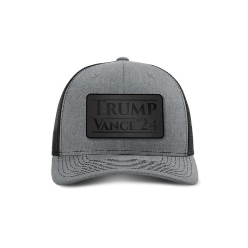 Adjustable Snapback Trucker Cap / Heather Grey/ Black Trump Vance '24 Blackout Leather Patch Trucker Hat maga trump