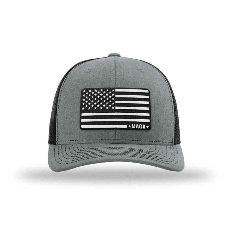 Adjustable Snapback Trucker Cap / Heather Grey/ Black - White MAGA American Flag Trucker maga trump