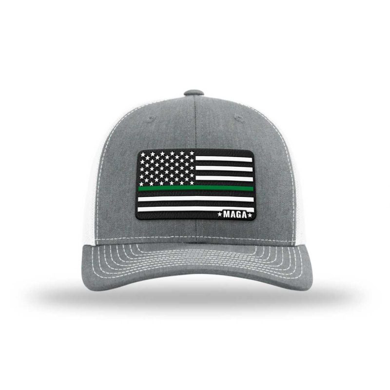 Adjustable Snapback Trucker Cap / Heather Grey/ White Maga Thin Green Line Flag Hat maga trump