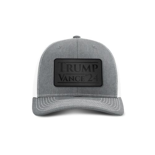 Adjustable Snapback Trucker Cap / Heather Grey/ White Trump Vance '24 Blackout Leather Patch Trucker Hat maga trump