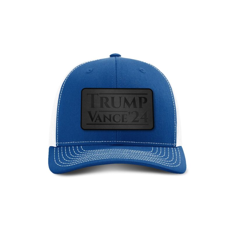 Adjustable Snapback Trucker Cap / Royal/ White Trump Vance '24 Blackout Leather Patch Trucker Hat maga trump