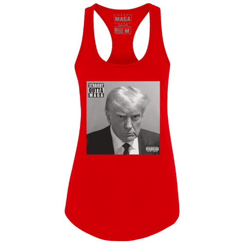 Red / XS Trump Mug Shot - Straight Outta MAGA Ladies Racerback Tank Top maga trump